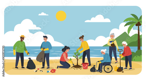 People and family with children enjoy summer fun playing on the beach and in the city, a vector illustration of childhood happiness
