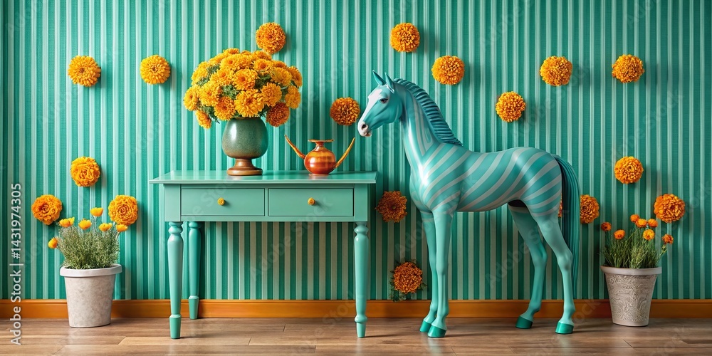 Vintage Turquoise Desk, Grey Striped Wallpaper, Upcycled Plastic Horse, Marigolds Still Life