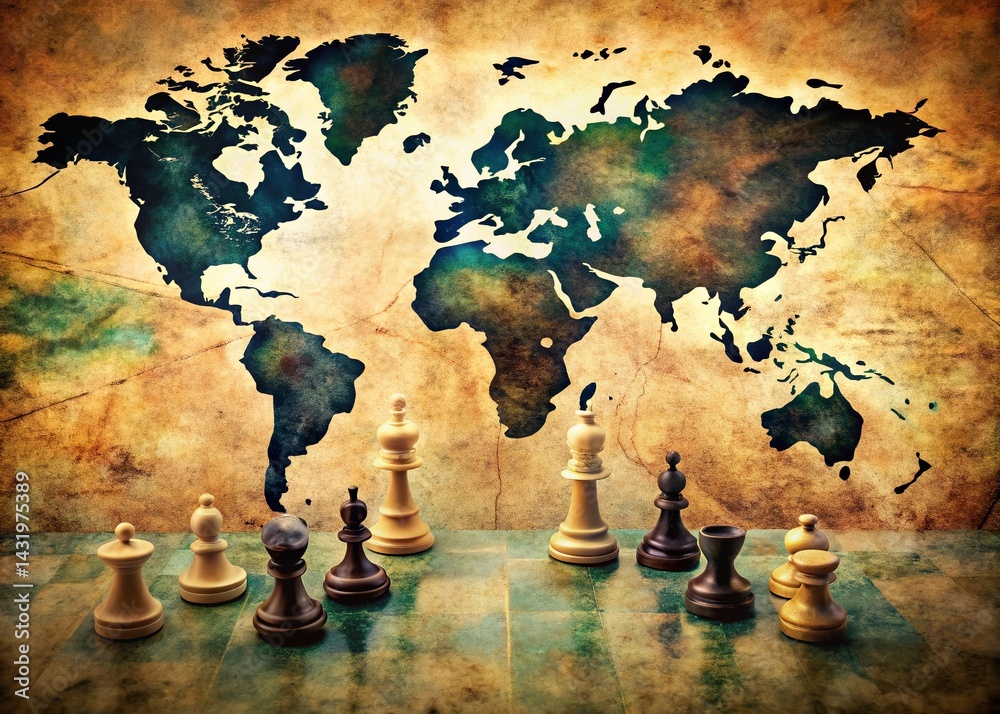 Vintage World Map Geopolitical Chess Game: Diplomacy & Global Strategy