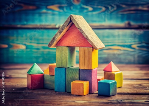 Vintage Wooden Toy House Blocks, Retro Childrens Plaything, Colorful Building Blocks