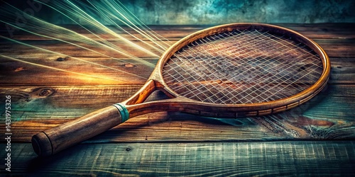 Obraz na płótnie Vintage Wooden Tennis Racket Long Exposure Photography - Worn Strings, Retro Sports Equipment w salonie