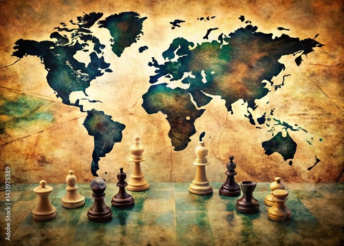 Obraz na płótnie Vintage World Map Geopolitical Chess Game: Diplomacy & Global Strategy w salonie