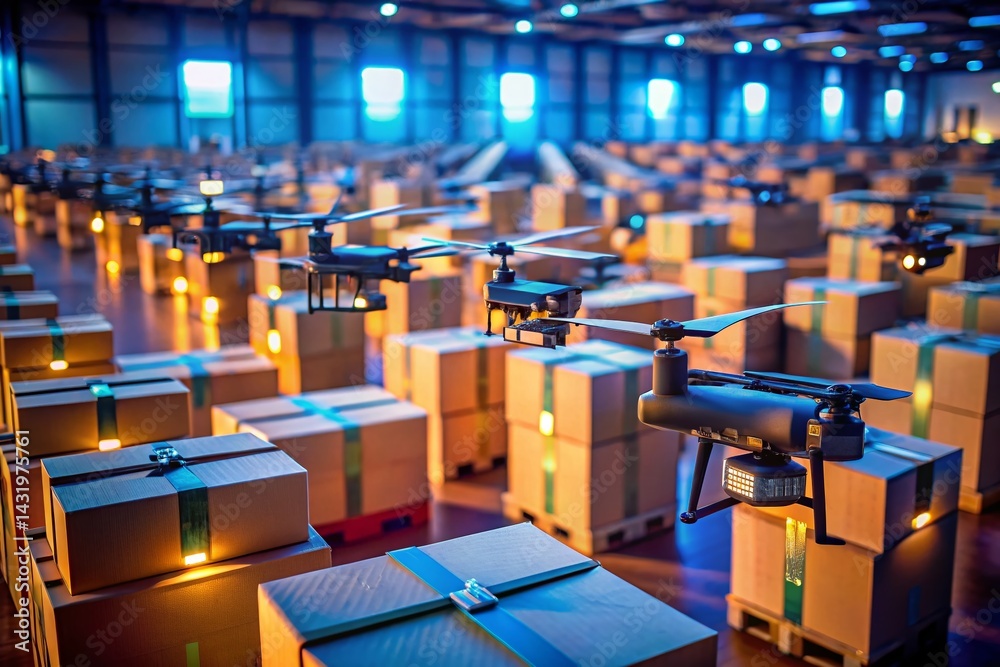 Warehouse Drone Inventory: Many Drones Ready for Shipping in Boxes - Low Light Photography