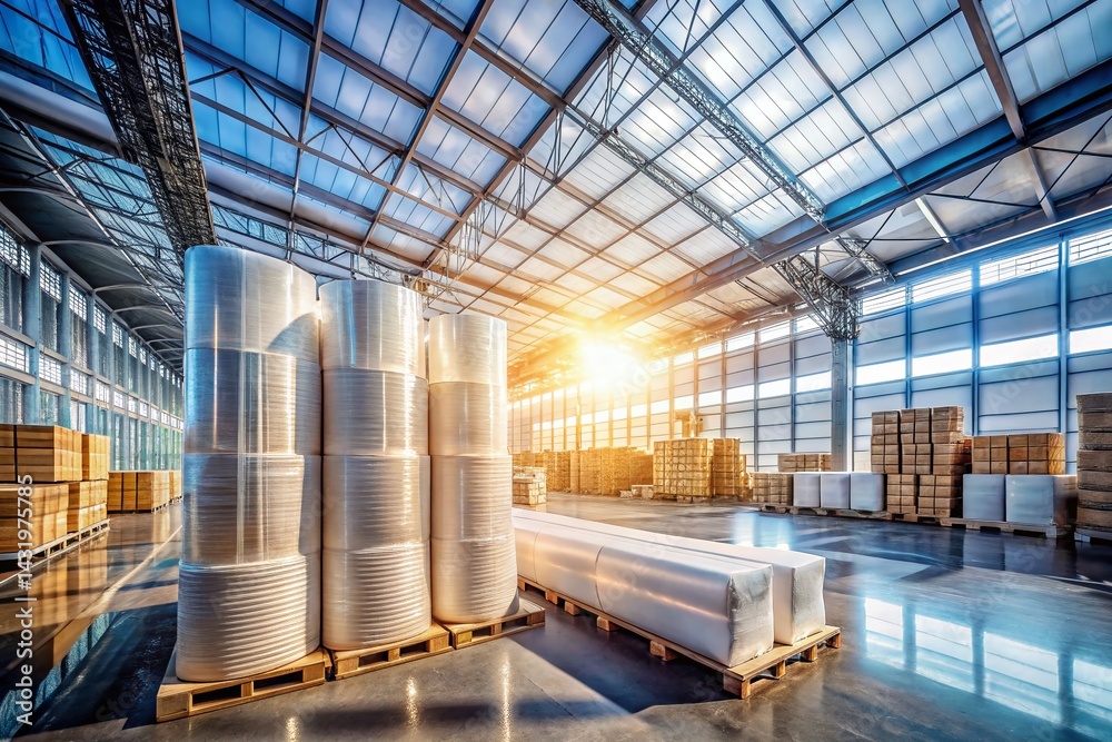Warehouse Pallet Stacked Plastic Wrap Rolls for Polycarbonate Manufacturing