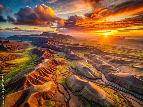 Obraz na płótnie Volcanic Plateau Sunset Aerial: Dramatic Undulating Landscape at Golden Hour w salonie