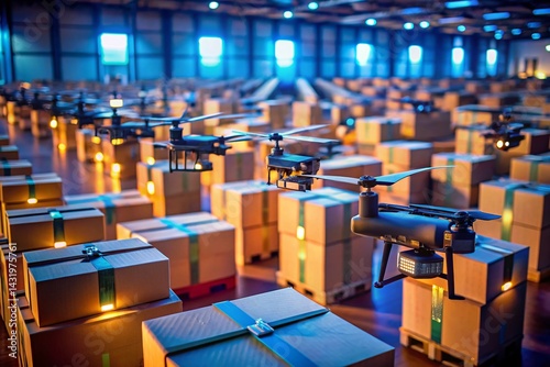 Obraz na płótnie Warehouse Drone Inventory: Many Drones Ready for Shipping in Boxes - Low Light Photography w salonie
