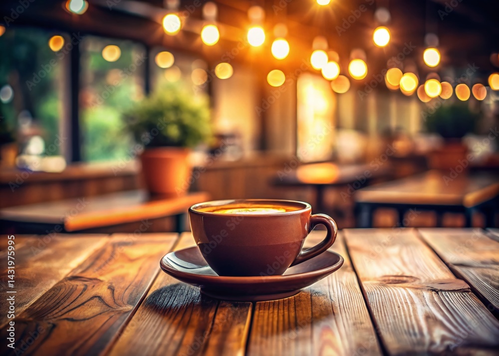 Warm Brown Coffee Cup on Rustic Wooden Cafe Table - Cozy Coffee Shop Atmosphere Stock Photo