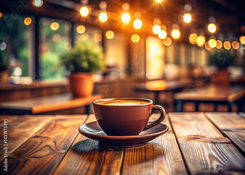 Obraz na płótnie Warm Brown Coffee Cup on Rustic Wooden Cafe Table - Cozy Coffee Shop Atmosphere Stock Photo w salonie