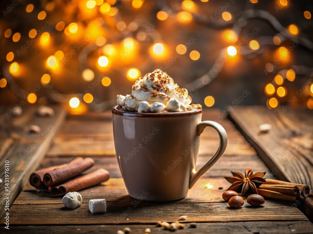 Warm Cozy Hot Chocolate Mug with Marshmallows on Rustic Wood - Stock Photo