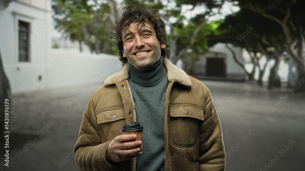 Fototapeta premium Young man smiling outdoors holding coffee cup in city street wearing casual jacket on cool day with blurred background of trees and buildings