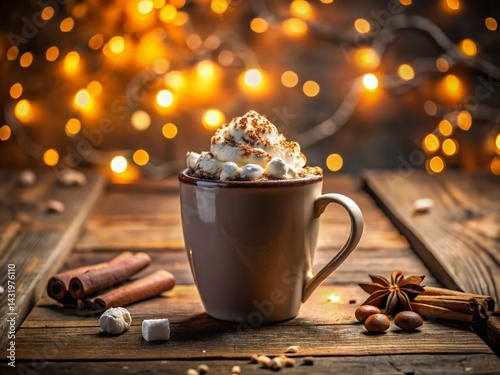 Obraz na płótnie Warm Cozy Hot Chocolate Mug with Marshmallows on Rustic Wood - Stock Photo w salonie