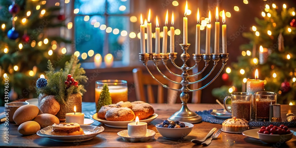 Warm Glow: A Candid Hanukkah Table Setting with Lit Candles