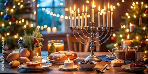 Obraz na płótnie Warm Glow: A Candid Hanukkah Table Setting with Lit Candles w salonie