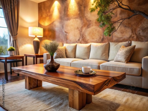 Obraz na płótnie Warm & Inviting Living Room: Live Edge Coffee Table, Beige Sofa, Stucco Wall w salonie