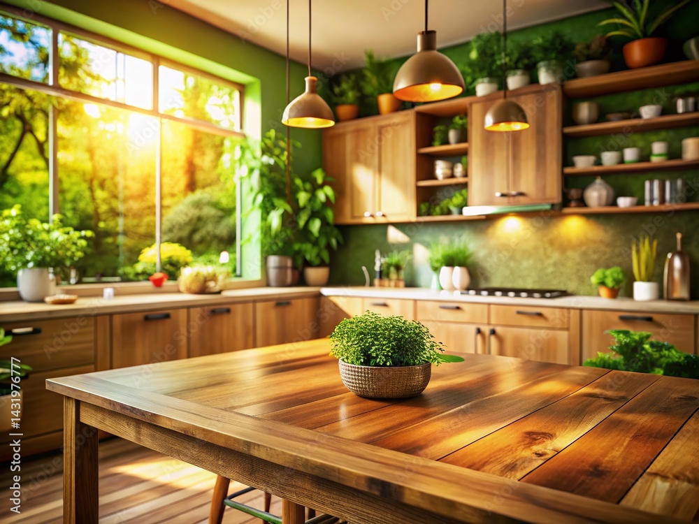 Warm Wooden Kitchen Table with Blurred Plants & Cabinets - Stock Photo