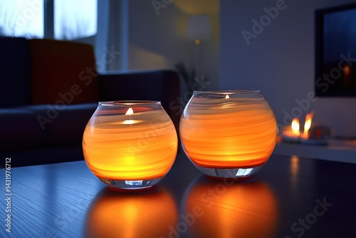Two orange candles on a dark table photo