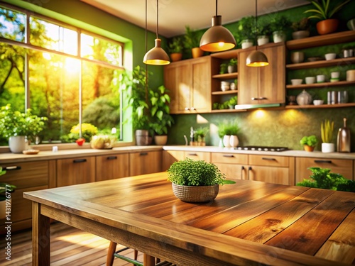 Obraz na płótnie Warm Wooden Kitchen Table with Blurred Plants & Cabinets - Stock Photo w salonie
