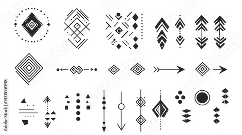 Geometric tribal tattoo design elements; white background; design resource