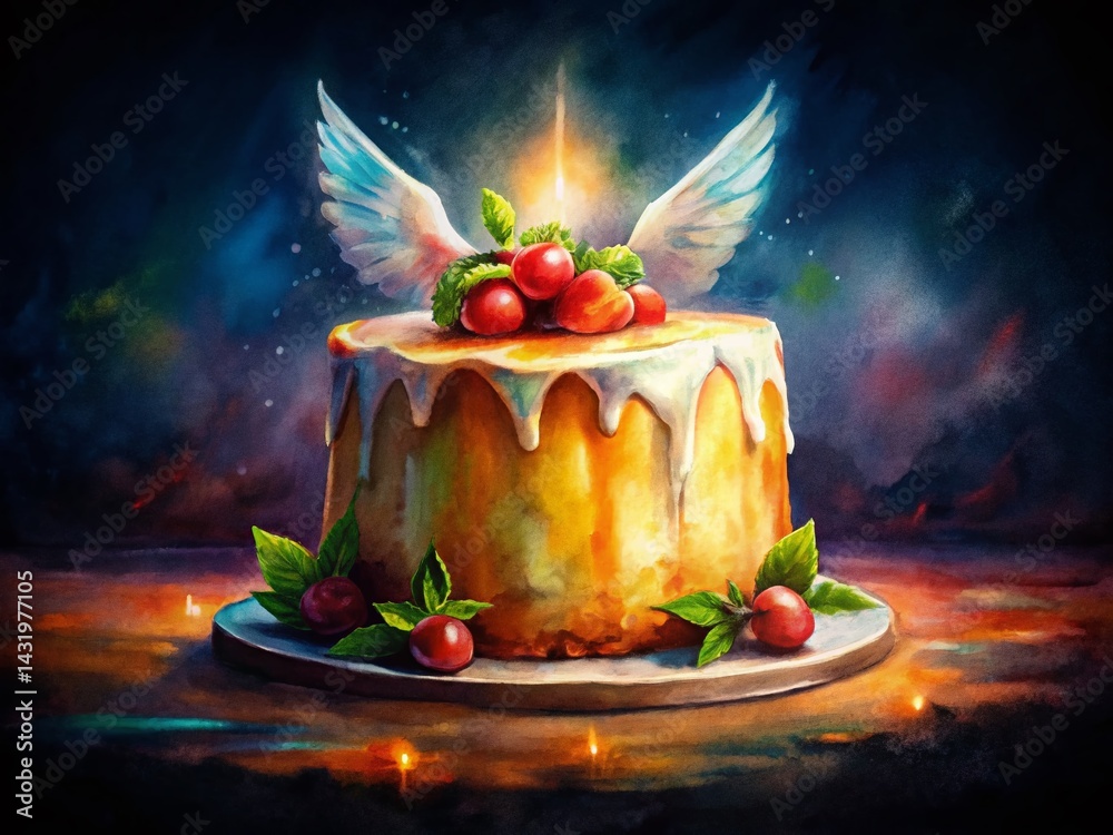 Watercolor Angel Food Cake Illustration, Night Sky, Isolated Dessert, Sweet Treat, Bakery