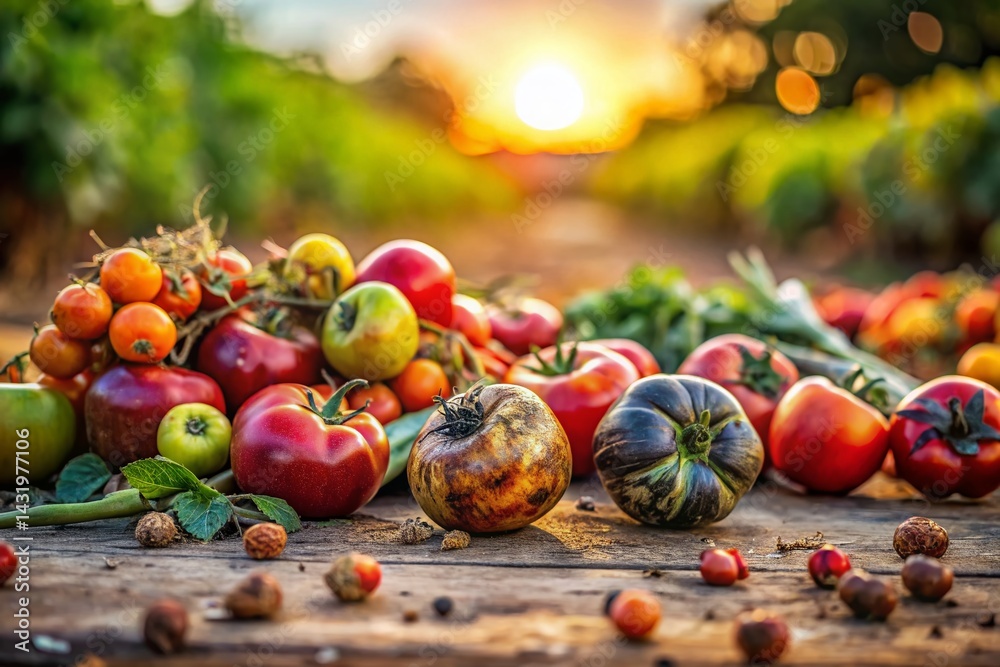 Wasted Harvest: Overripe Fruits and Vegetables Discarded on a Farm with Bokeh Background