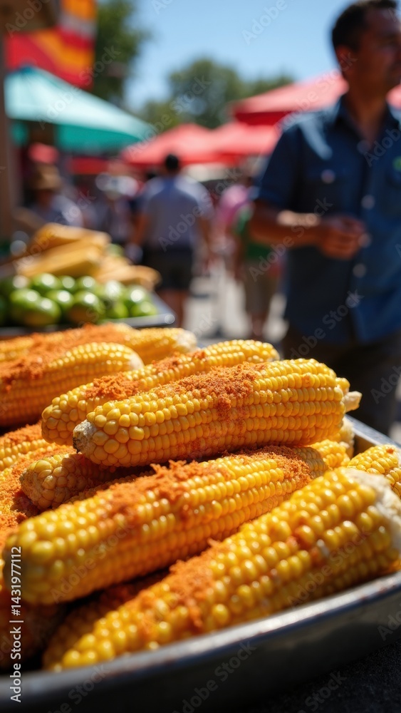 A street vendor skillfully prepares elote, grilled corn covered in cheese and chili powder, surrounded by a bustling market atmosphere and vibrant stalls.