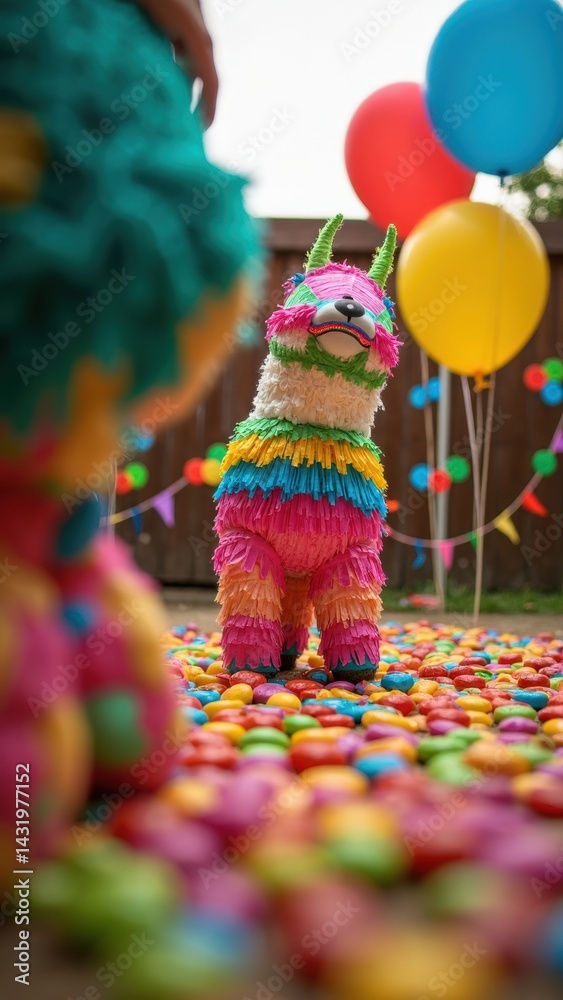 A child joyfully hits a bright Pinata , candy spilling across a colorful backdrop of balloons and festive decorations, creating a celebratory atmosphere.