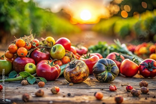Obraz na płótnie Wasted Harvest: Overripe Fruits and Vegetables Discarded on a Farm with Bokeh Background w salonie