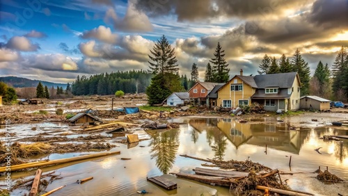 Obraz na płótnie Washington State Flood Aftermath: Devastated Landscape, Homes Submerged, Muddy Waters w salonie