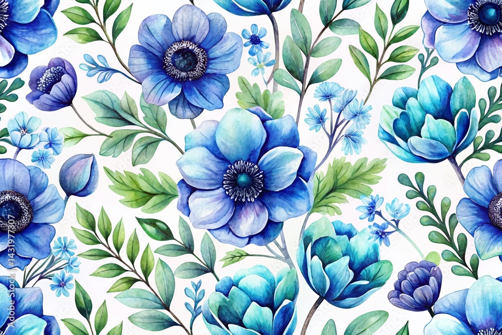 Watercolor Blue Anemone Floral Pattern: Botanical Tile Wallpaper Fabric Design