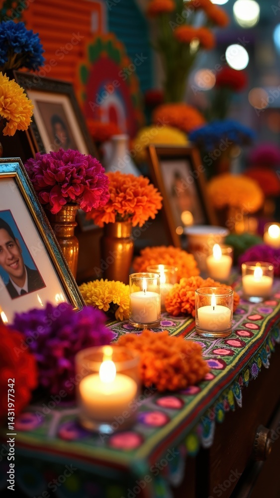 Close up of a traditional Mexican altar adorned with vibrant marigold flowers and lit candles, honoring loved ones with cherished photos.