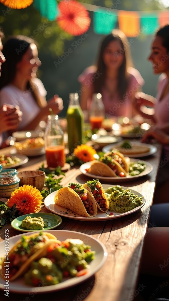 A colorful table display showcases traditional Mexican food, including tacos, tamales, and fresh guacamole, with friends engaging in cheerful conversation.