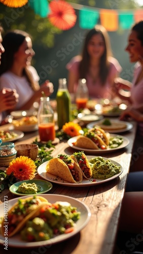 Obraz na płótnie A colorful table display showcases traditional Mexican food, including tacos, tamales, and fresh guacamole, with friends engaging in cheerful conversation. w salonie
