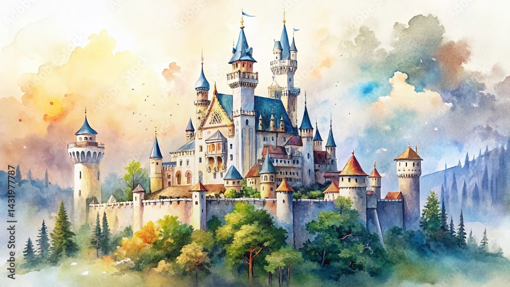Watercolor Fantasy Castle Fortress Illustration, Isolated White Background, Right Composition, Copy Space