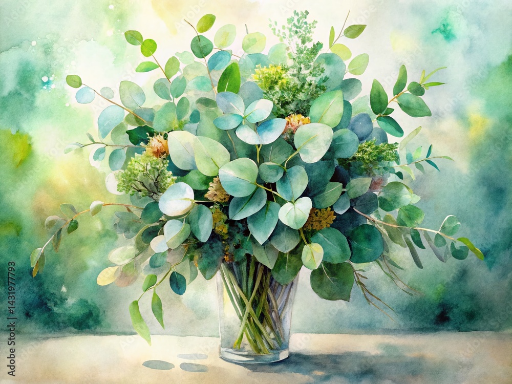 Watercolor Eucalyptus Sage Aspen Leaves Bouquet - Soft Organic Botanical Art