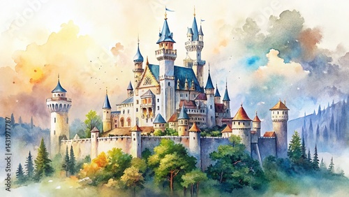 Obraz na płótnie Watercolor Fantasy Castle Fortress Illustration, Isolated White Background, Right Composition, Copy Space w salonie