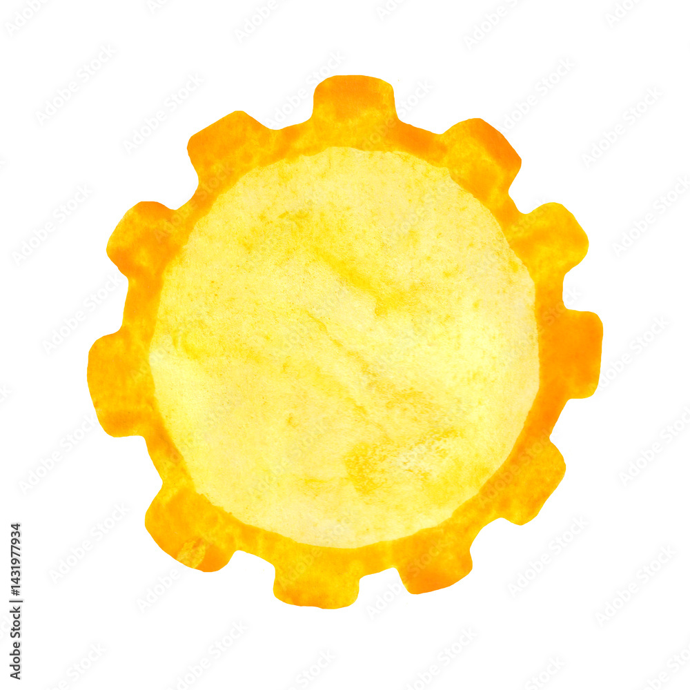Yellow watercolor sun. Summer decor element.