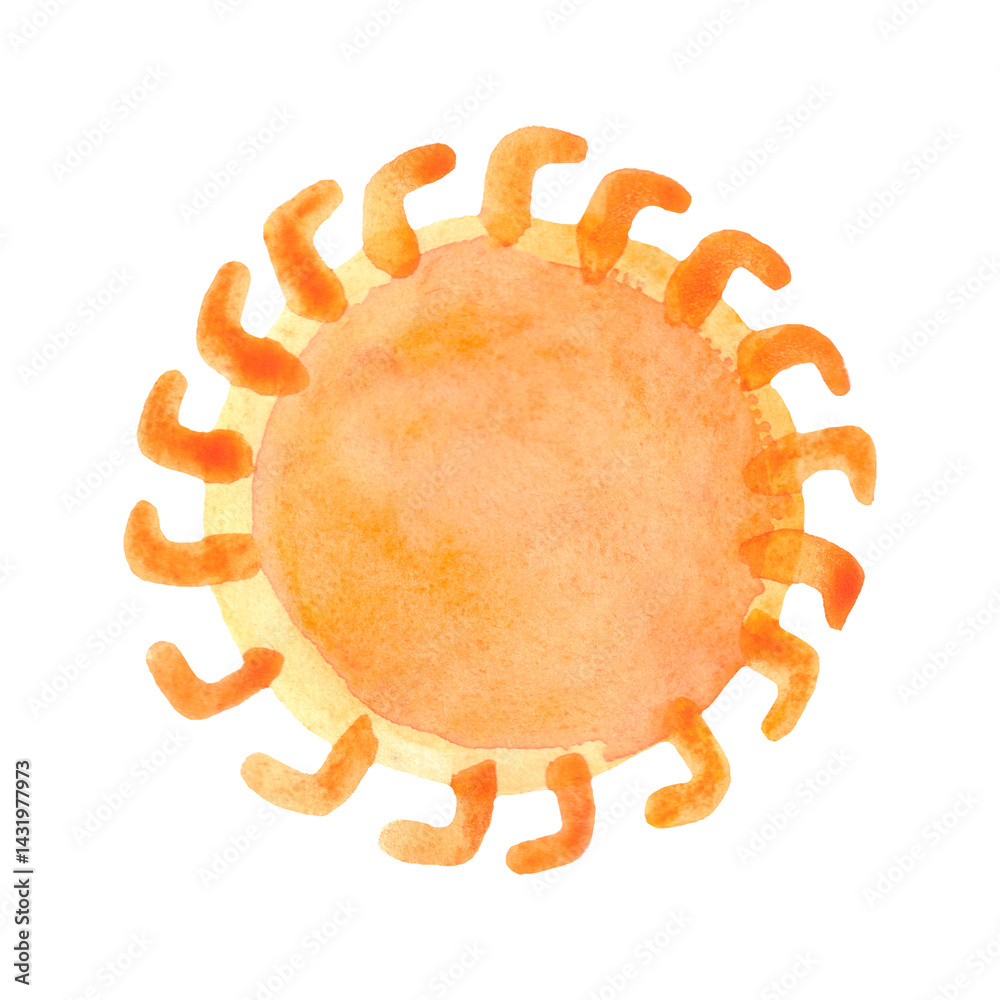 Orange watercolor sun. Summer decor element.
