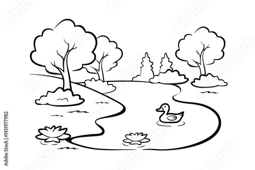 Simple pond landscape with duck swimming and lily pads outline for coloring book illustrations