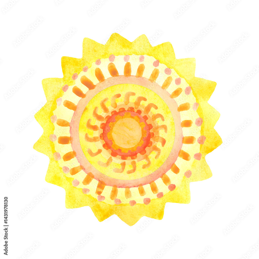 Yellow watercolor sun. Summer decor element.