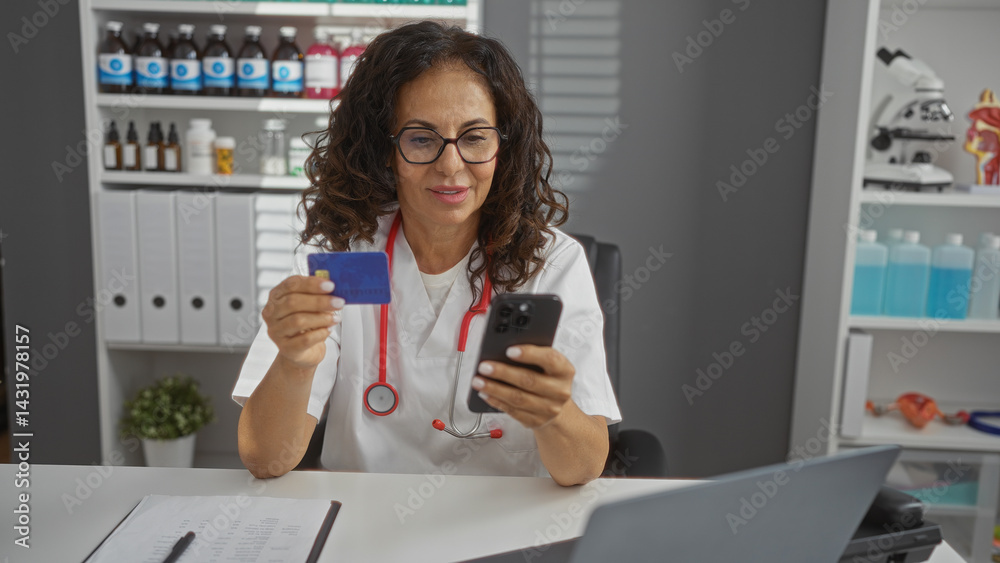Mature woman in a clinic wearing a stethoscope holds a credit card and smartphone while working in a medical office setting with shelves of supplies and an organized desk environment.