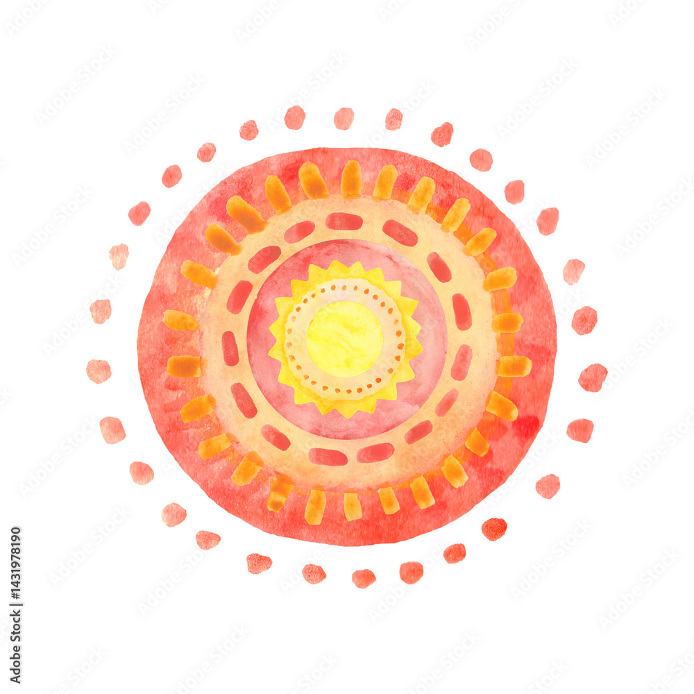 Orange watercolor sun. Summer decor element.