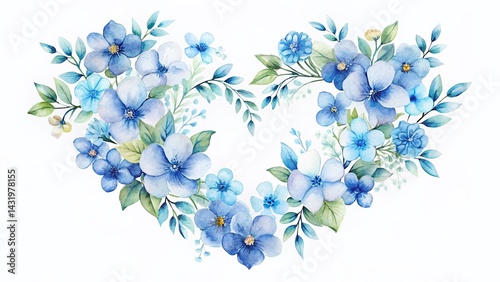 Obraz na płótnie Watercolor Heart Shaped Blue Flowers, Romantic Floral Design, White Background Stock Photo w salonie