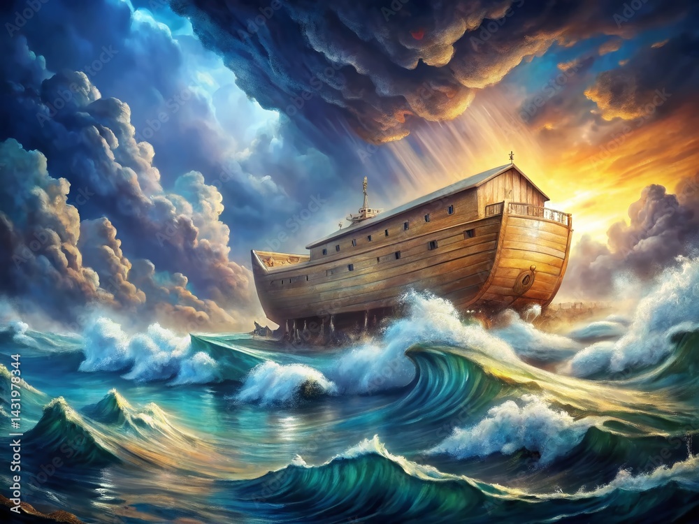Watercolor Noah's Ark Genesis Flood Biblical Scene Painting