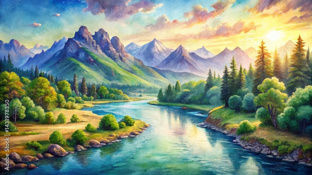 Watercolor Mountains River Landscape Aerial View - Artistic Generative AI Painting