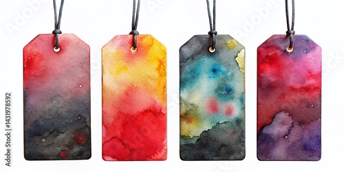 Watercolor Price Tags: Hand-Painted Black Labels with Red Accents - Stock Photo