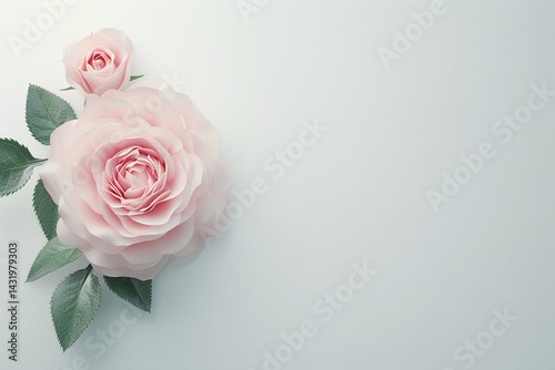 Elegant pink roses with green leaves, light pastel background, soft floral composition, botanical design for greeting card, romantic decorative element, minimal copy space, feminine style