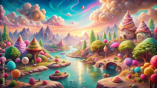 Whimsical Candyland: Panoramic Pastel Watercolor Fantasy Landscape