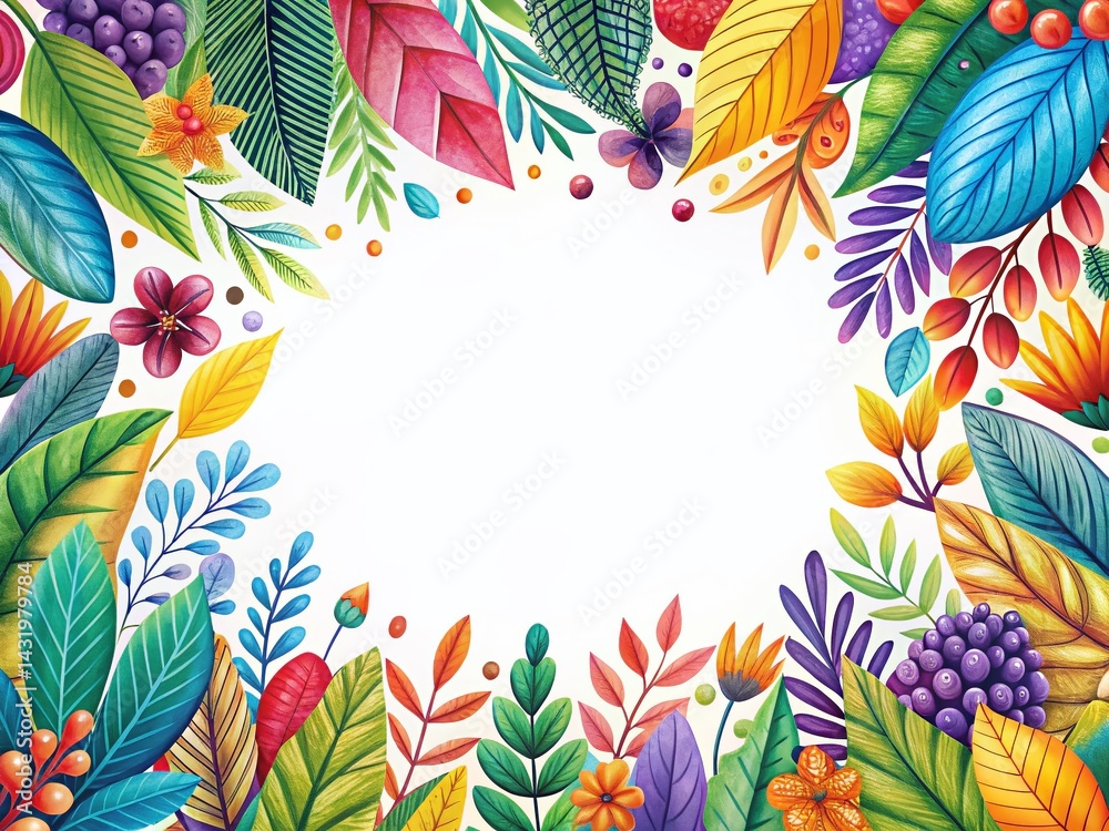 Whimsical Floral Border, White Background, Stylized Foliage, Decorative Frame, Nature Design