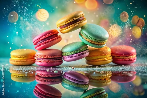 Obraz na płótnie Whimsical Floating Macarons: Vibrant Double Exposure Dessert Photography w salonie