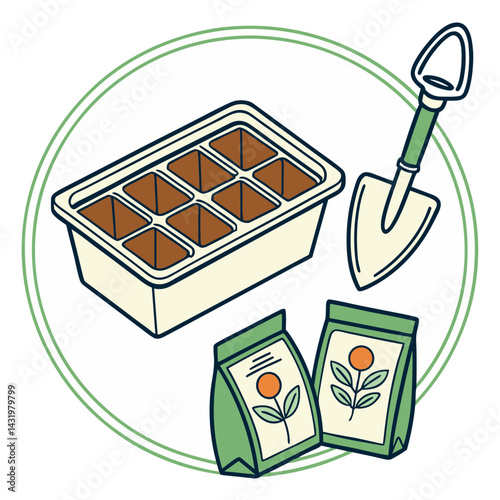 Organized gardening kit with seed trays and tools in a circular design  
